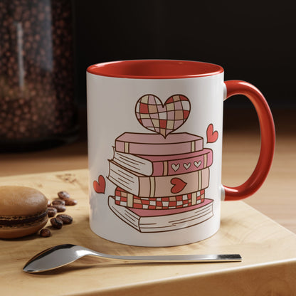 Mug - Pink and Red Stack of Books with Hearts Coffee Mug (11, 15oz)
