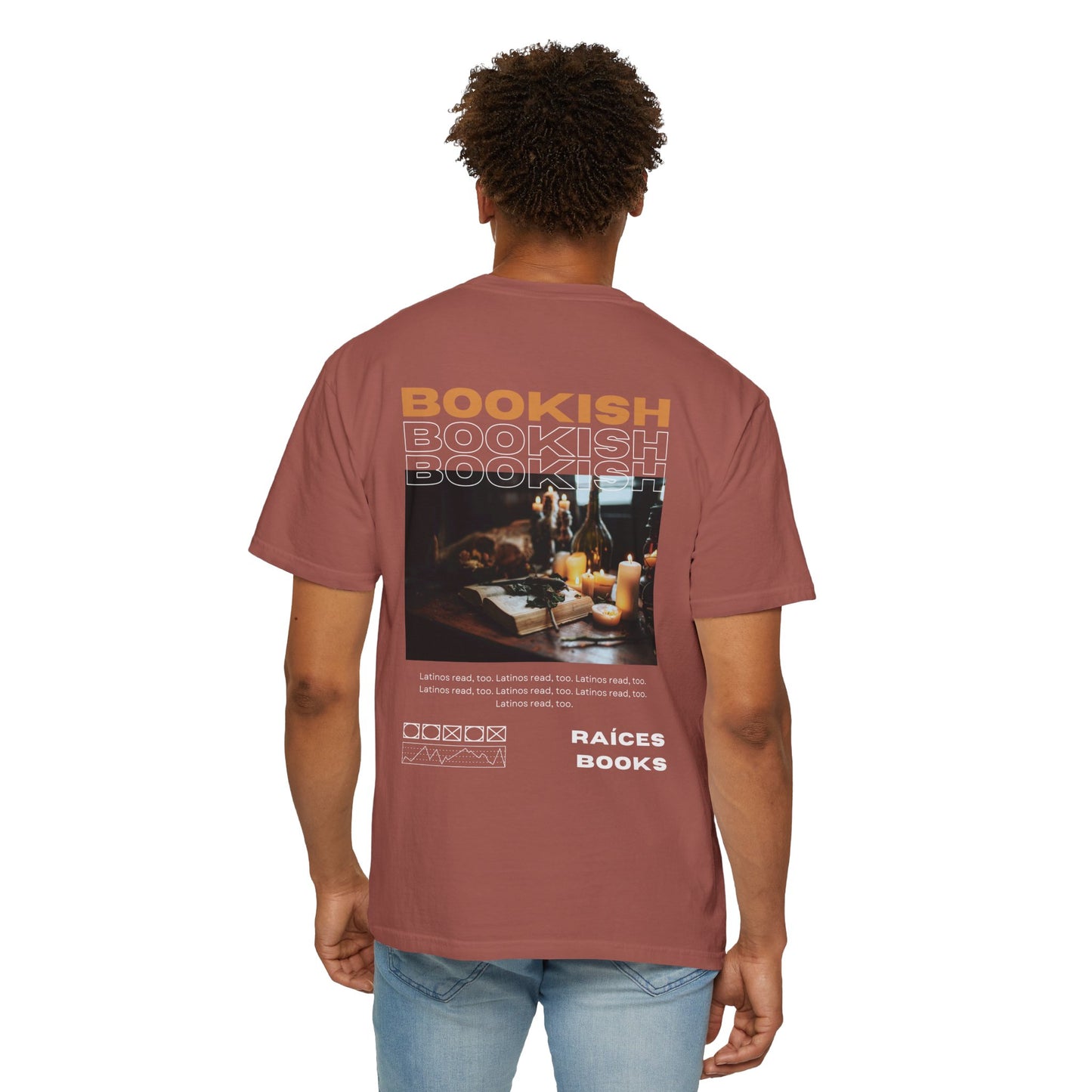 Bookish Latino Garment-Dyed T-shirt with Candles and Books Design