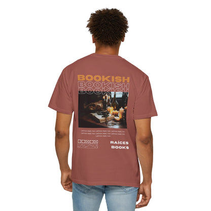 Bookish Latino Garment-Dyed T-shirt with Candles and Books Design