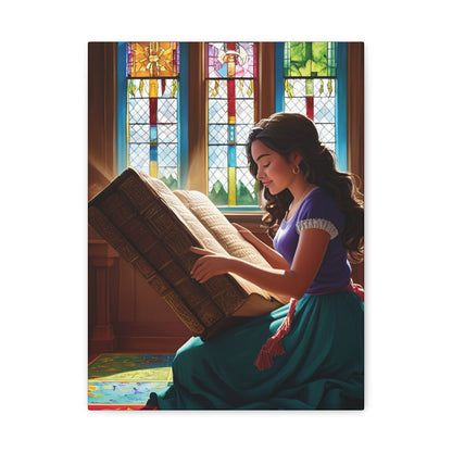 Canvas Wall Art - Latina Reading Magical Book in Library