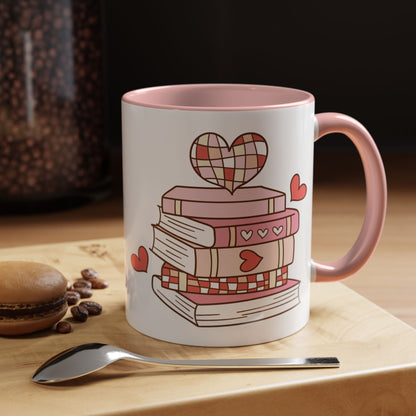 Mug - Pink and Red Stack of Books with Hearts Coffee Mug (11, 15oz)