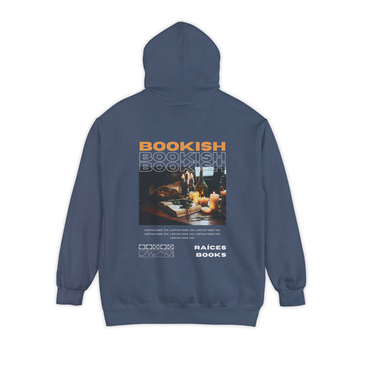 Bookish Latino Garment-Dyed Hoodie with Candles and Books Design