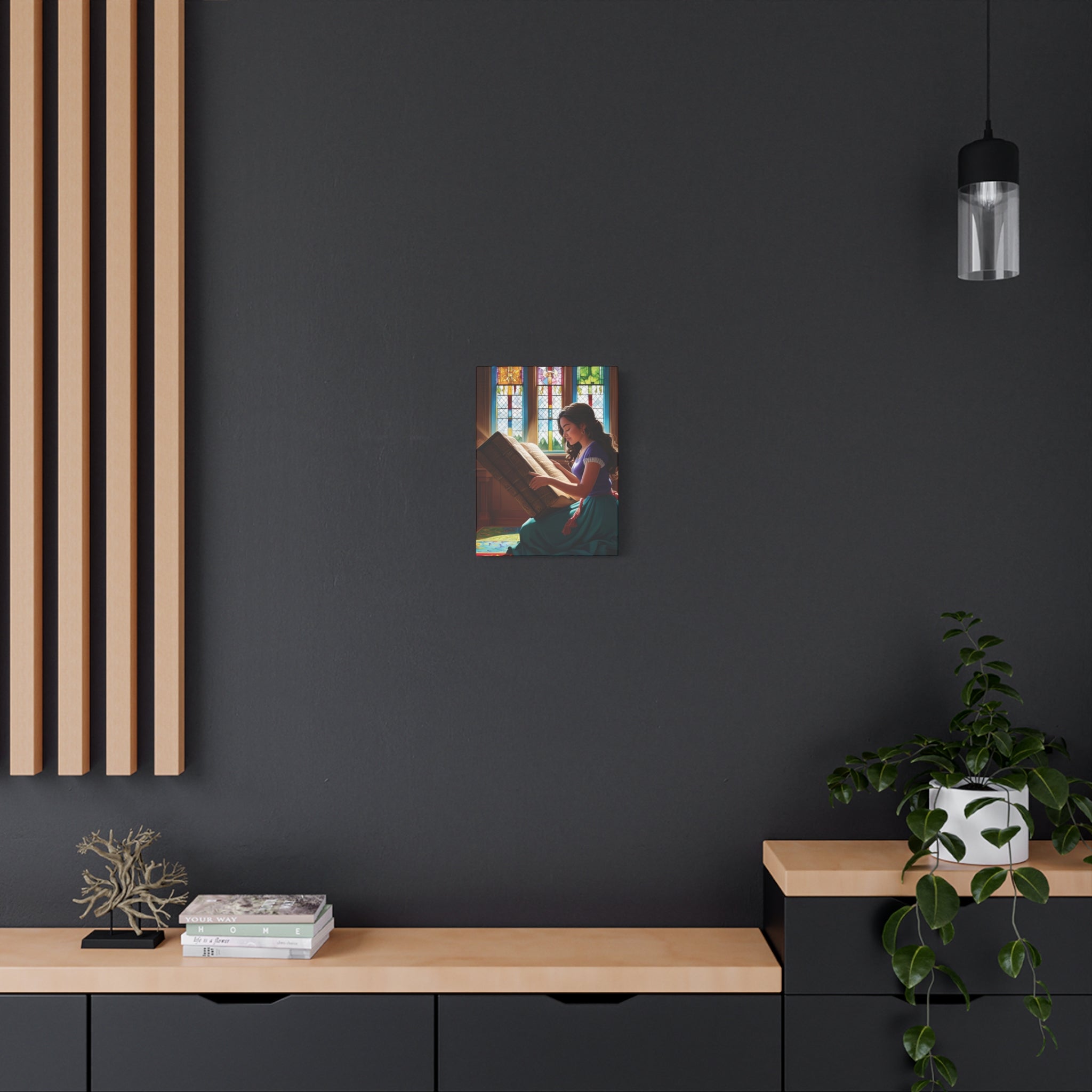 Canvas Wall Art - Latina Reading Magical Book in Library