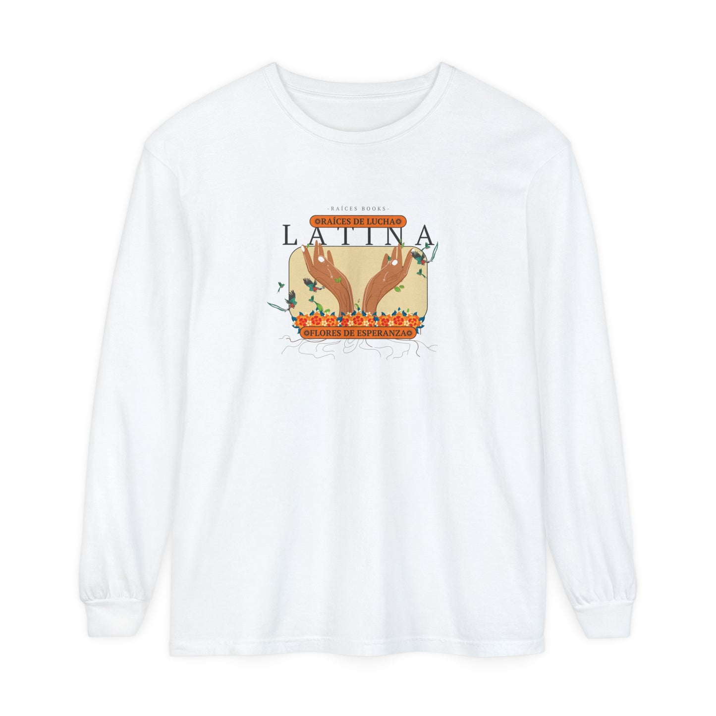 Unisex Long Sleeve Shirt - Raíces de Lucha, Flores de Esperanza Latina Quetzal Birds Design