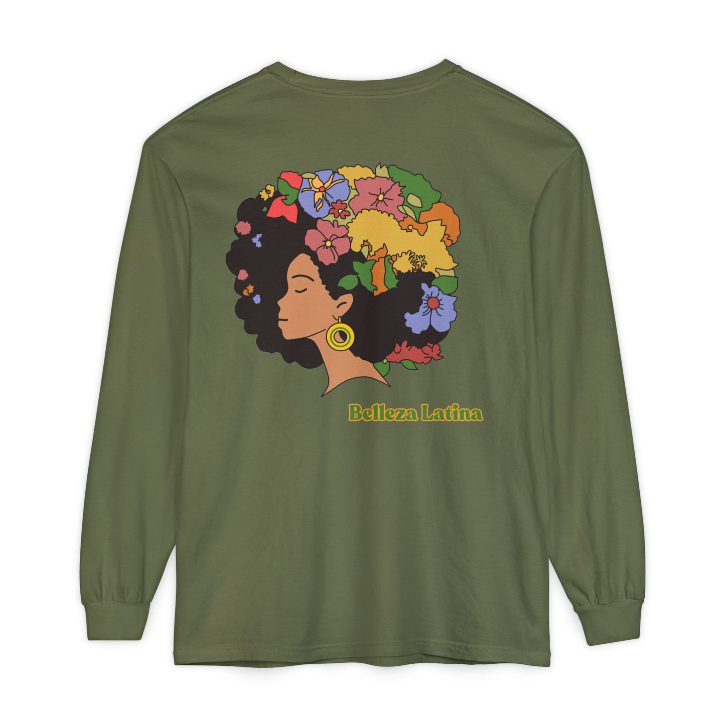 Long Sleeve T-Shirt Afro Latina Belleza Latina Afro with Flowers