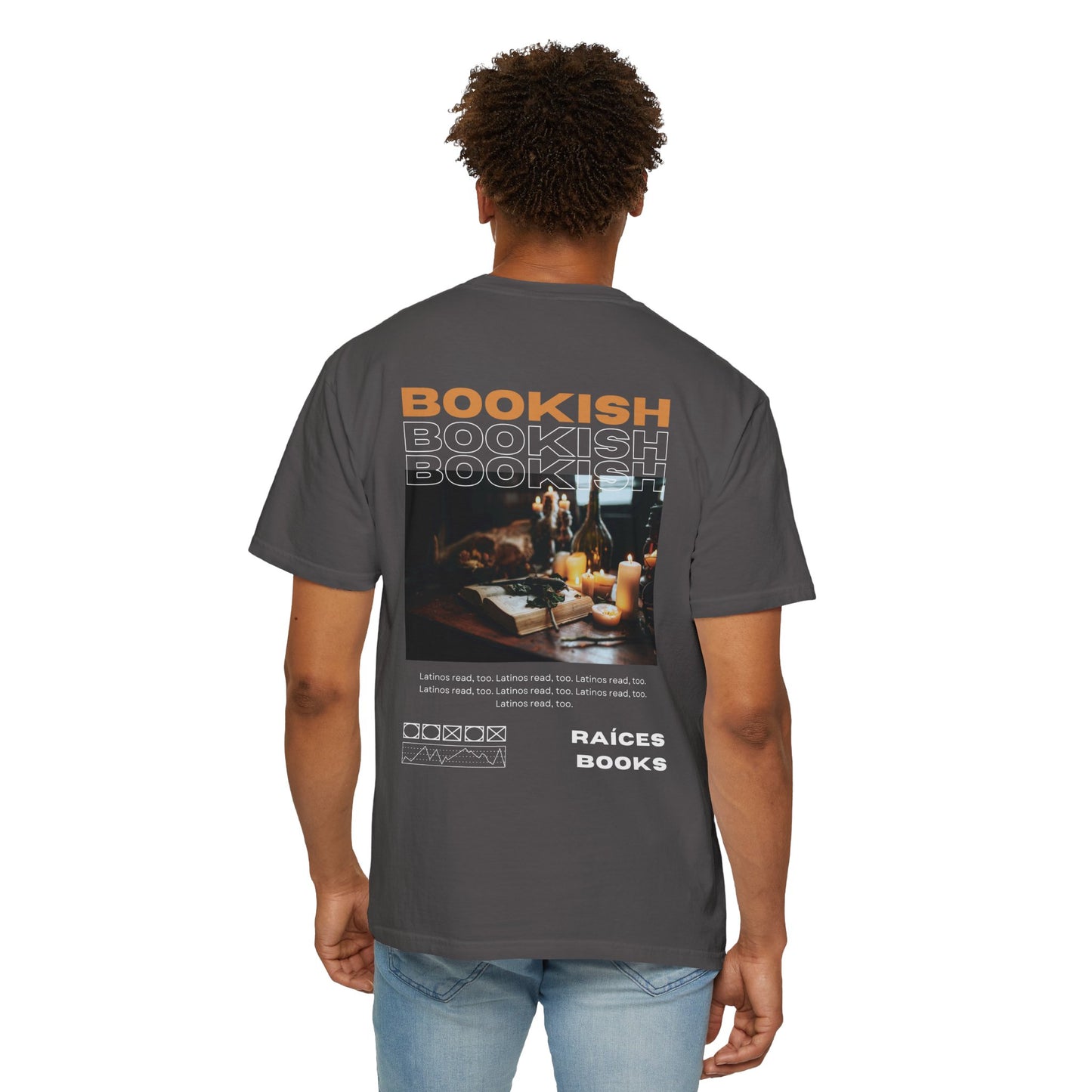 Bookish Latino Garment-Dyed T-shirt with Candles and Books Design