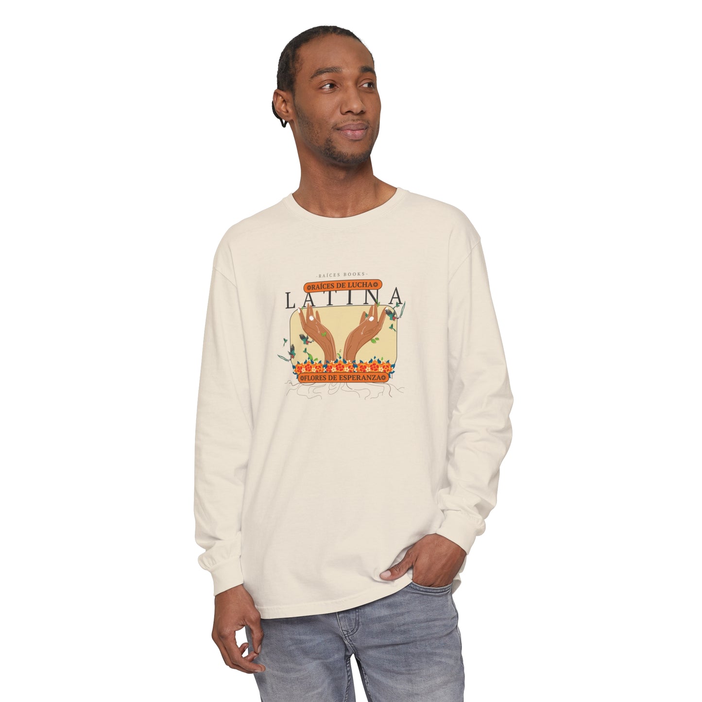 Unisex Long Sleeve Shirt - Raíces de Lucha, Flores de Esperanza Latina Quetzal Birds Design