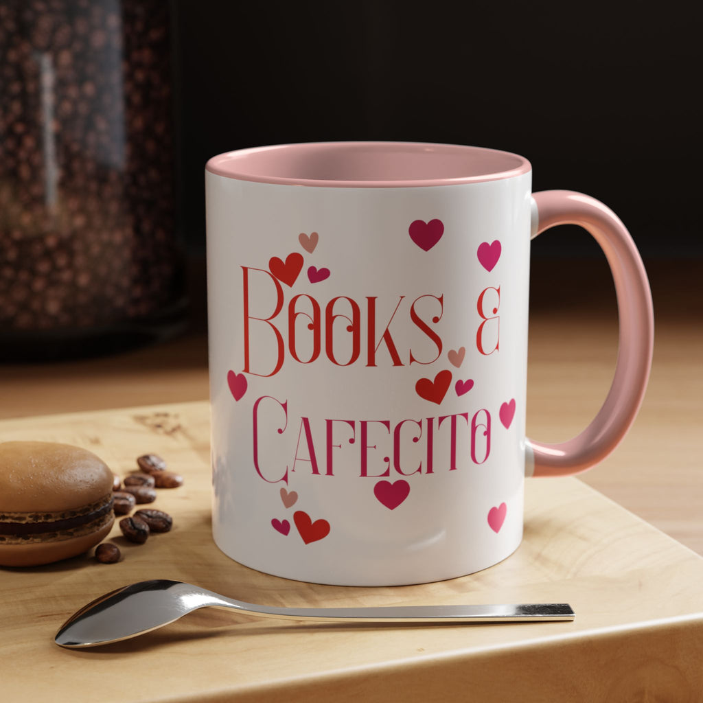 Coffee Mug - Books & Cafecito with Red and Pink Hearts Design
