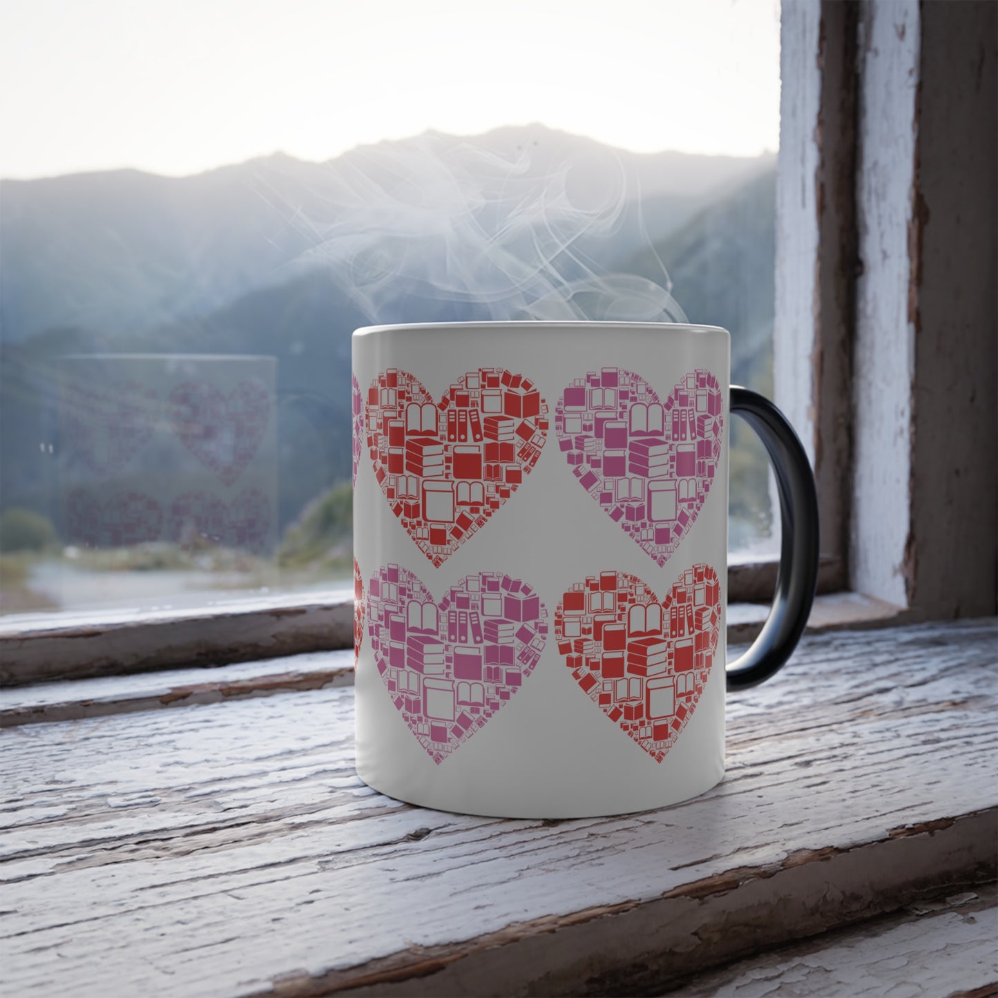 Color Morphing Mug - Red and Pink Hearts Made of Books