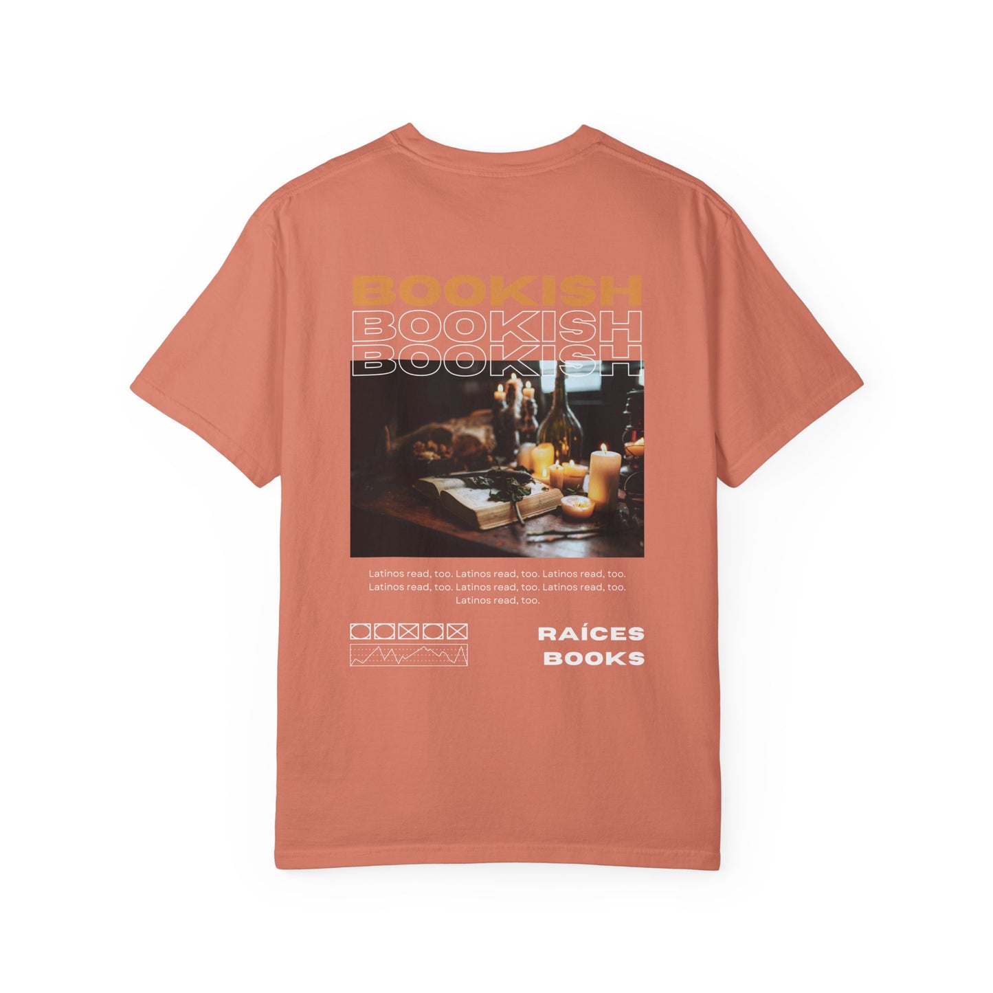 Bookish Latino Garment-Dyed T-shirt with Candles and Books Design