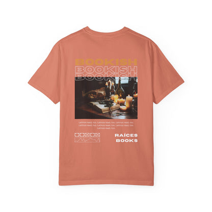 Bookish Latino Garment-Dyed T-shirt with Candles and Books Design