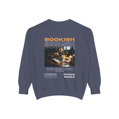 Bookish Latino Garment-Dyed Sweatshirt with Candles and Books Design