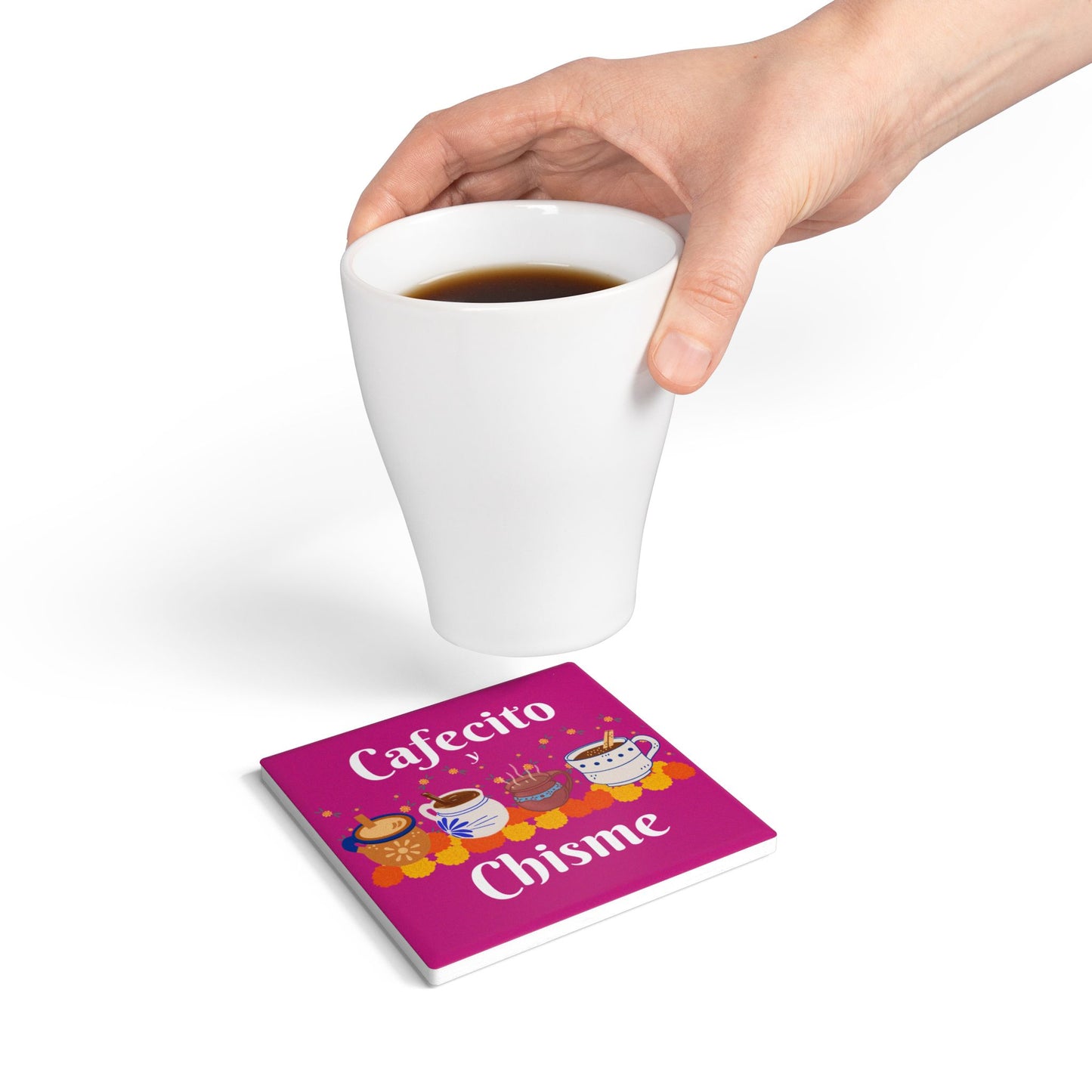 "Cafecito y Chisme" Pink Ceramic Coaster