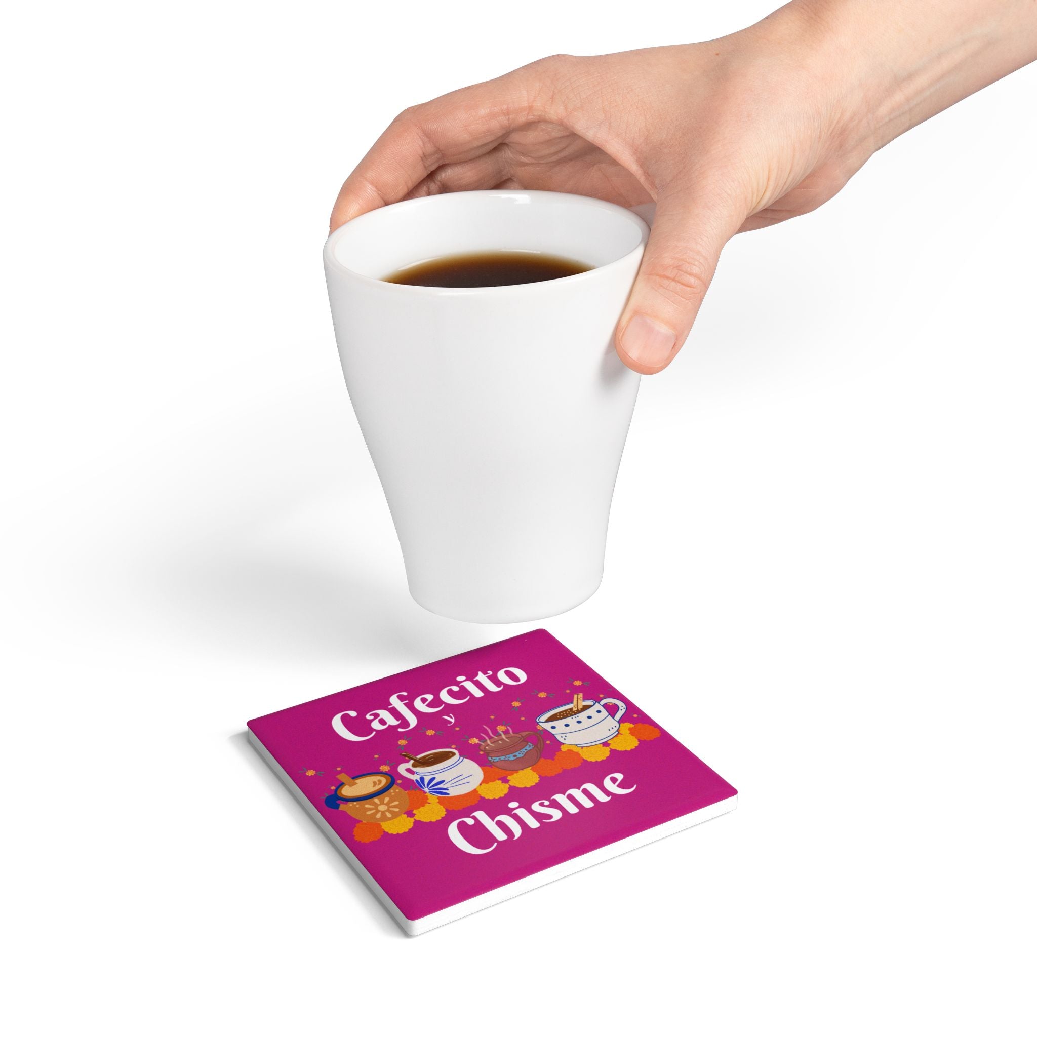 "Cafecito y Chisme" Pink Ceramic Coaster