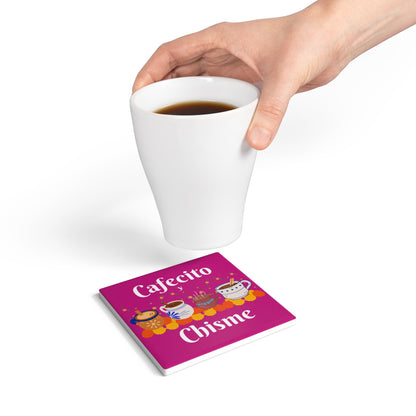 "Cafecito y Chisme" Pink Ceramic Coaster