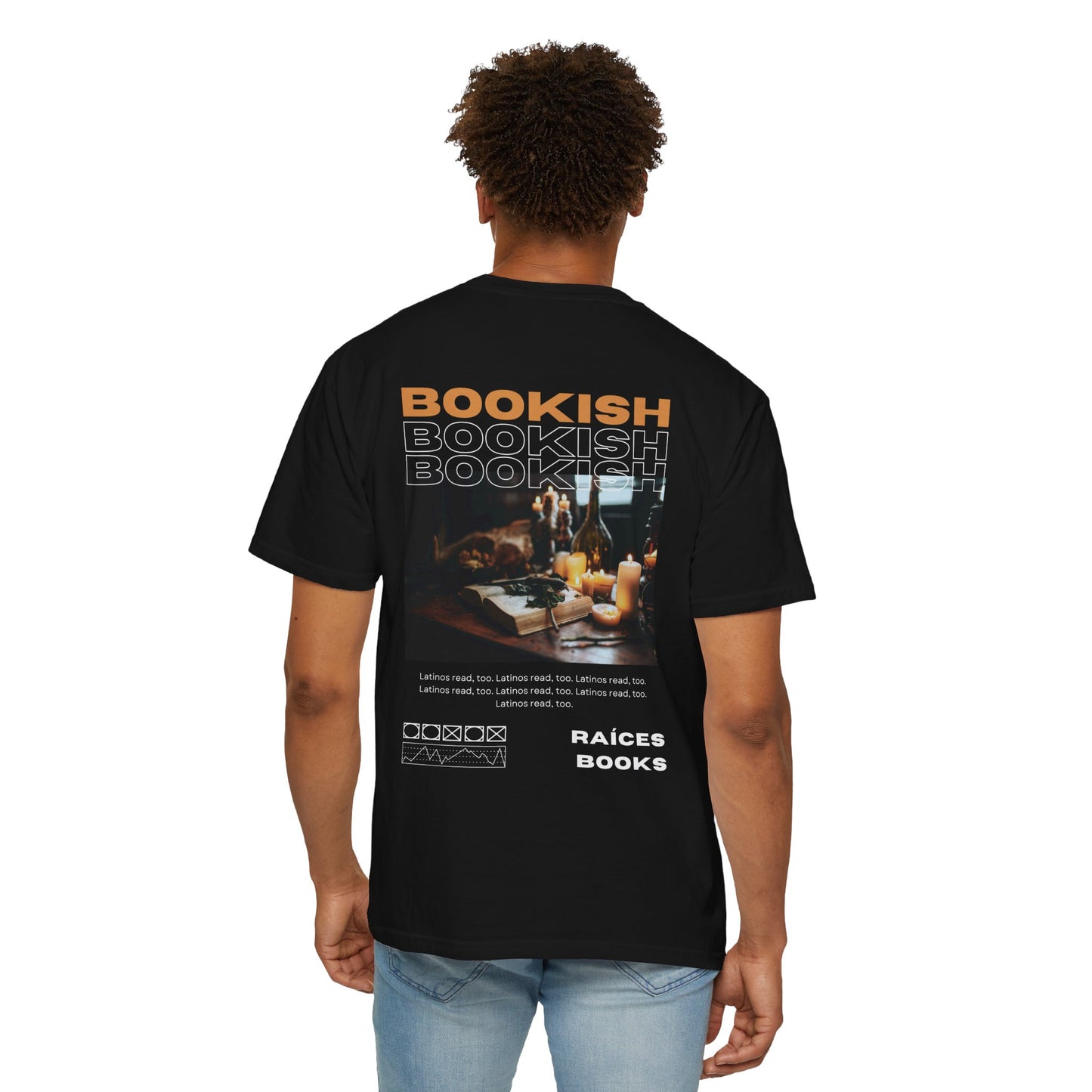 Bookish Latino Garment-Dyed T-shirt with Candles and Books Design