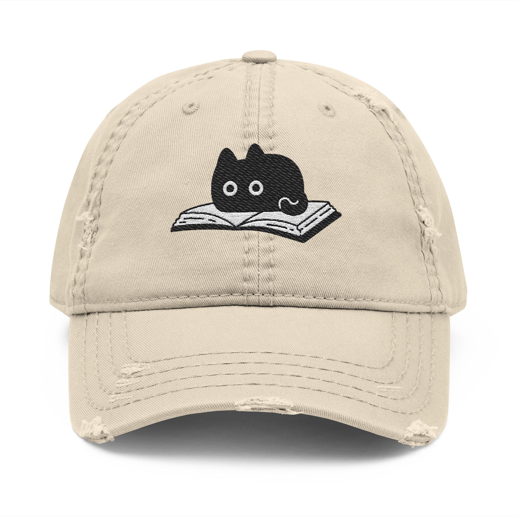 Distressed Hat - Embroidered Cat on Book