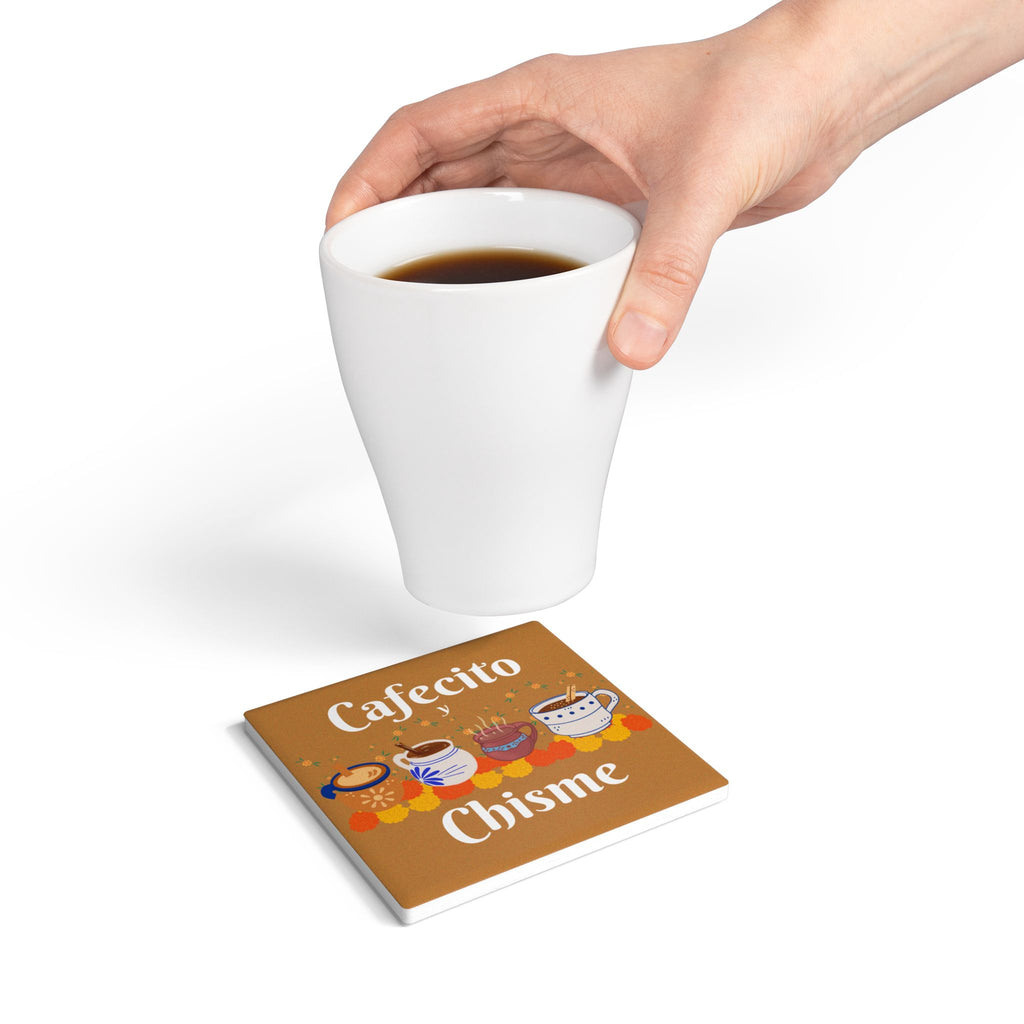 "Cafecito y Chisme" Brown Ceramic Coaster