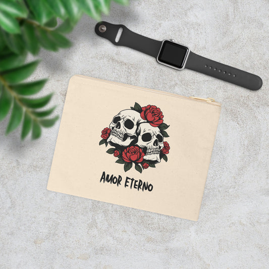 Zipper Pouch - Amor Eterno Skulls and Red Roses Design