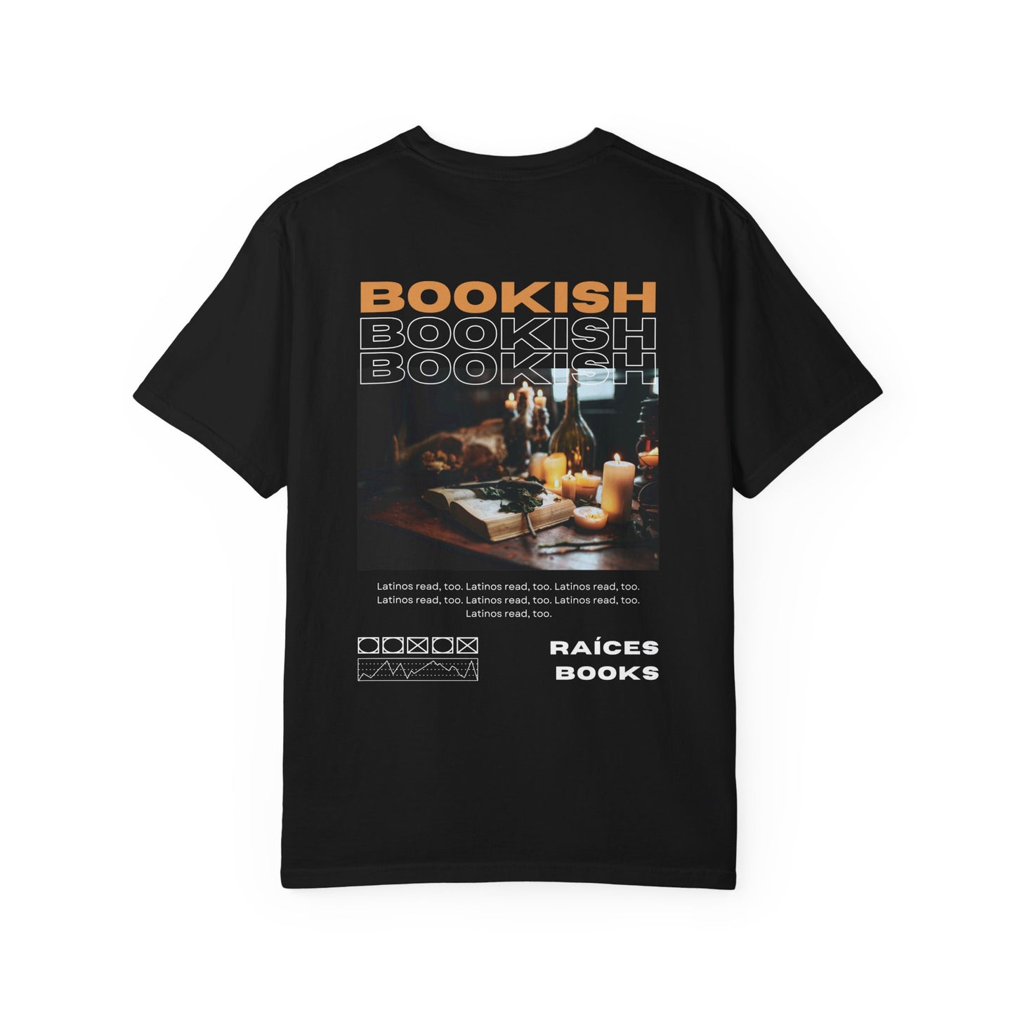 Bookish Latino Garment-Dyed T-shirt with Candles and Books Design