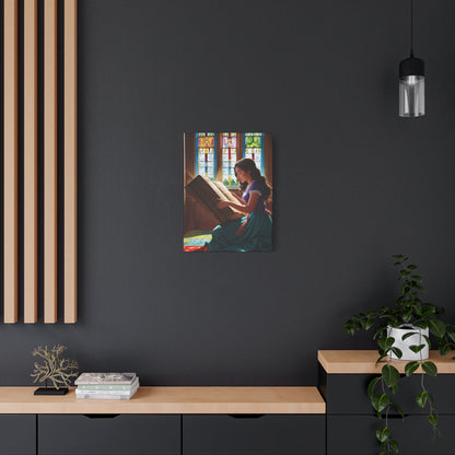 Canvas Wall Art - Latina Reading Magical Book in Library