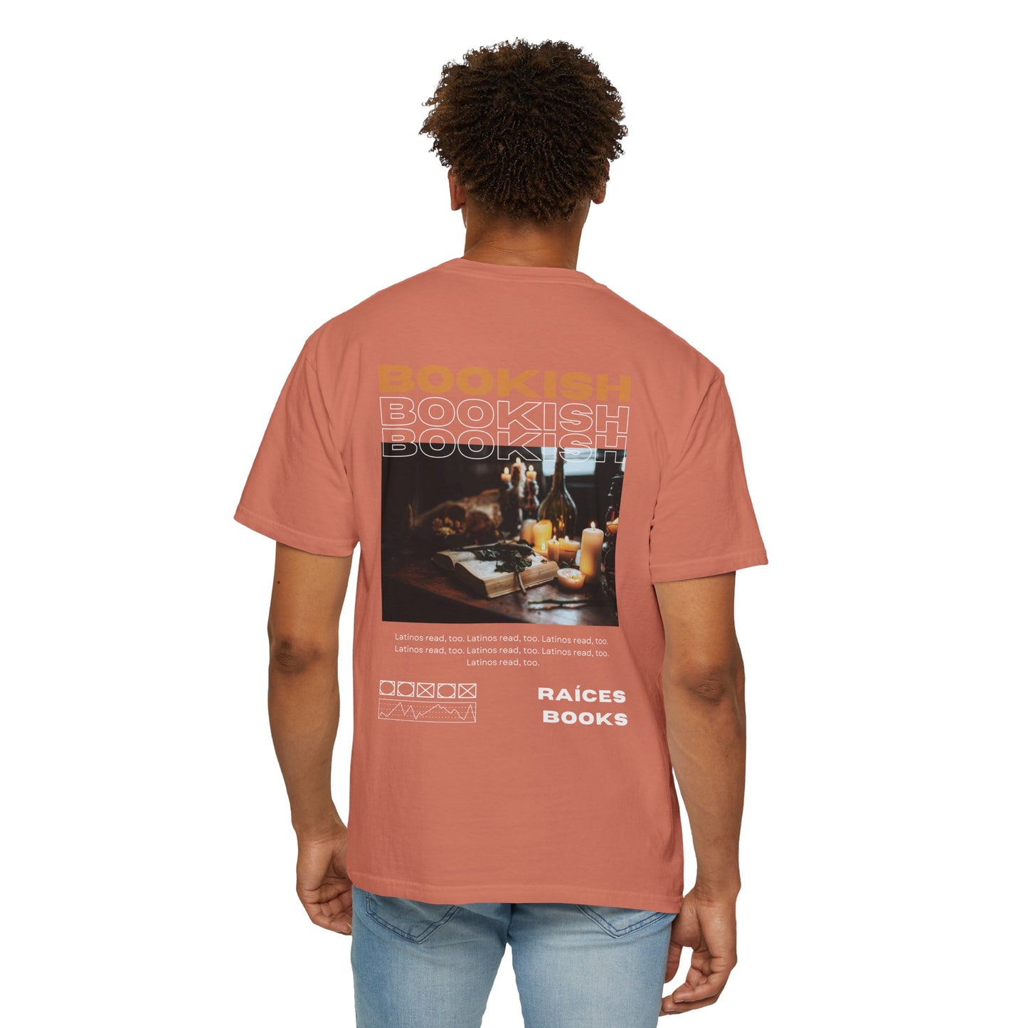 Bookish Latino Garment-Dyed T-shirt with Candles and Books Design