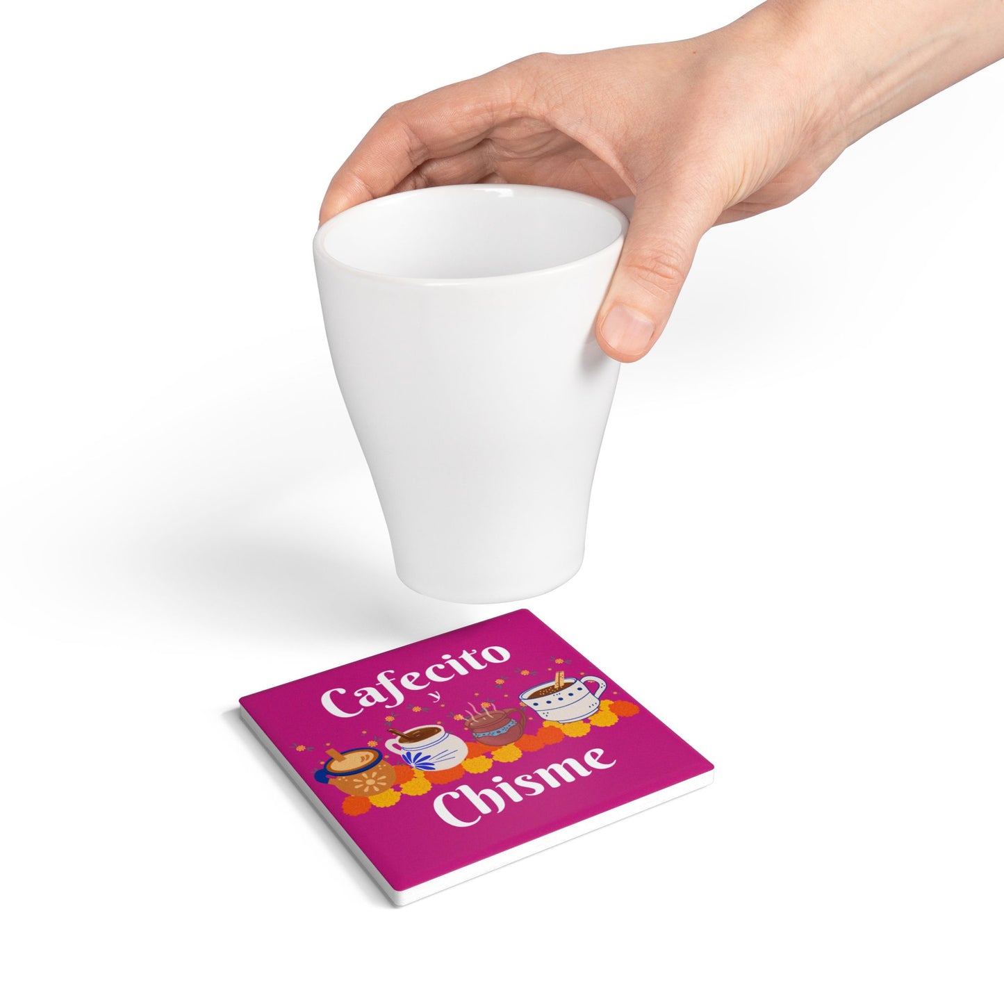 "Cafecito y Chisme" Pink Ceramic Coaster