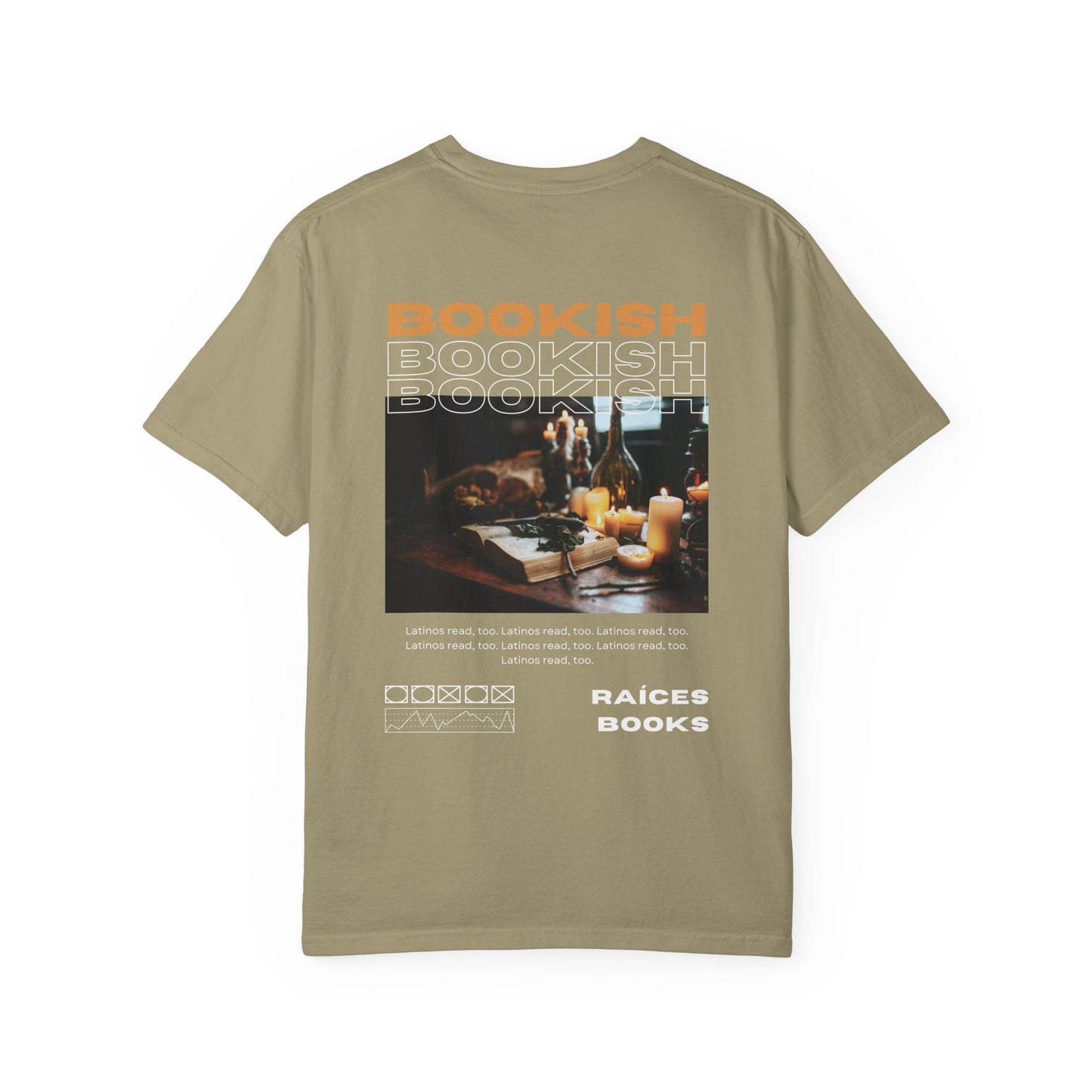 Bookish Latino Garment-Dyed T-shirt with Candles and Books Design