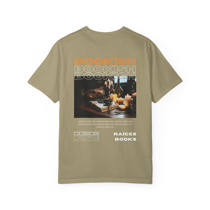 Bookish Latino Garment-Dyed T-shirt with Candles and Books Design