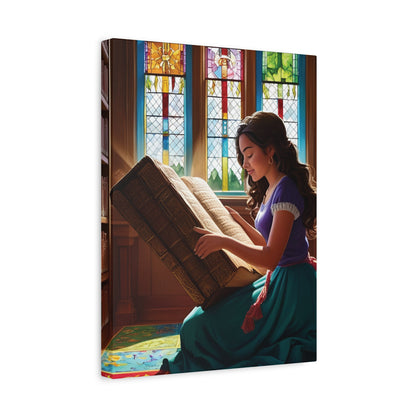 Canvas Wall Art - Latina Reading Magical Book in Library