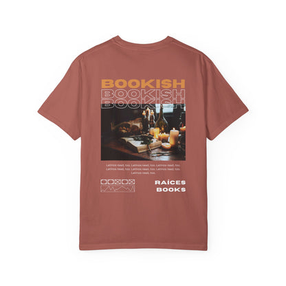Bookish Latino Garment-Dyed T-shirt with Candles and Books Design