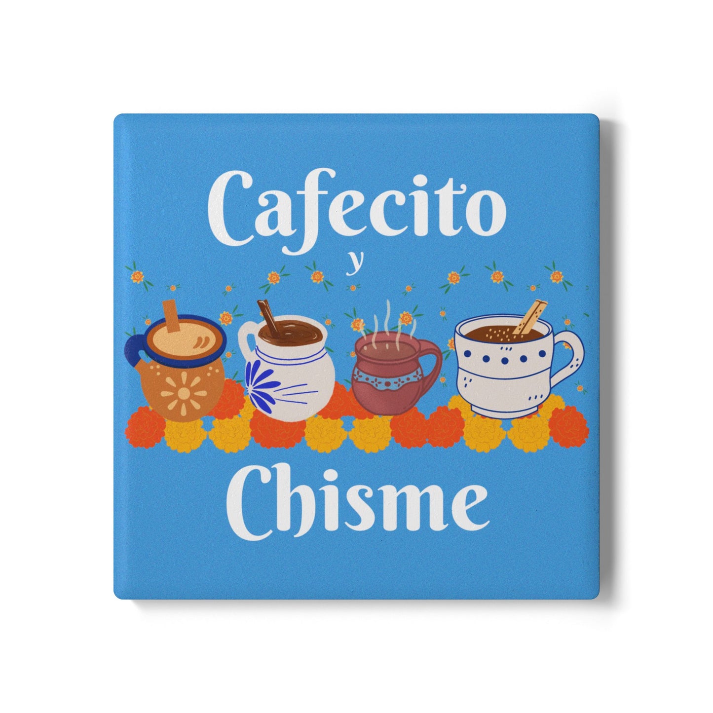 Cafecito y Chisme Light Blue Ceramic Coaster