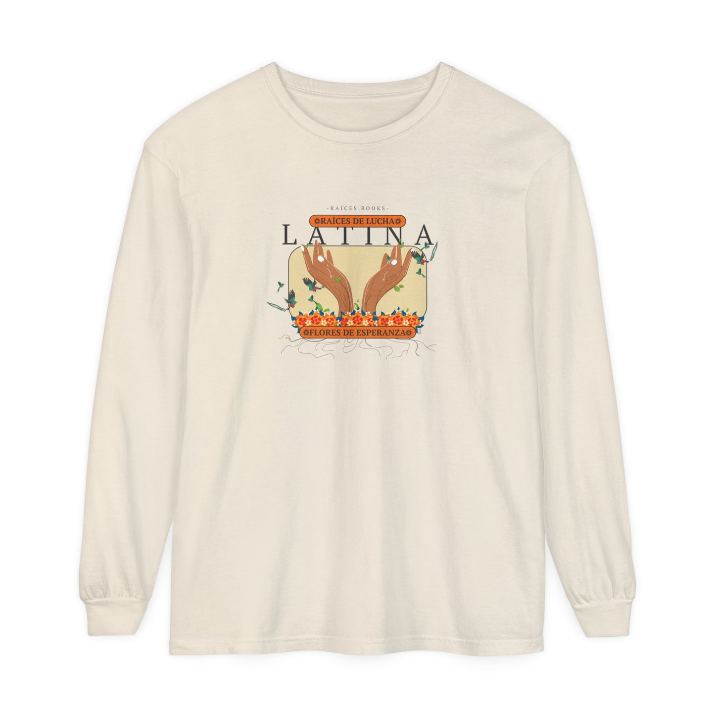 Unisex Long Sleeve Shirt - Raíces de Lucha, Flores de Esperanza Latina Quetzal Birds Design