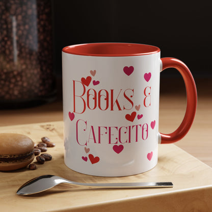 Coffee Mug - Books & Cafecito with Red and Pink Hearts Design