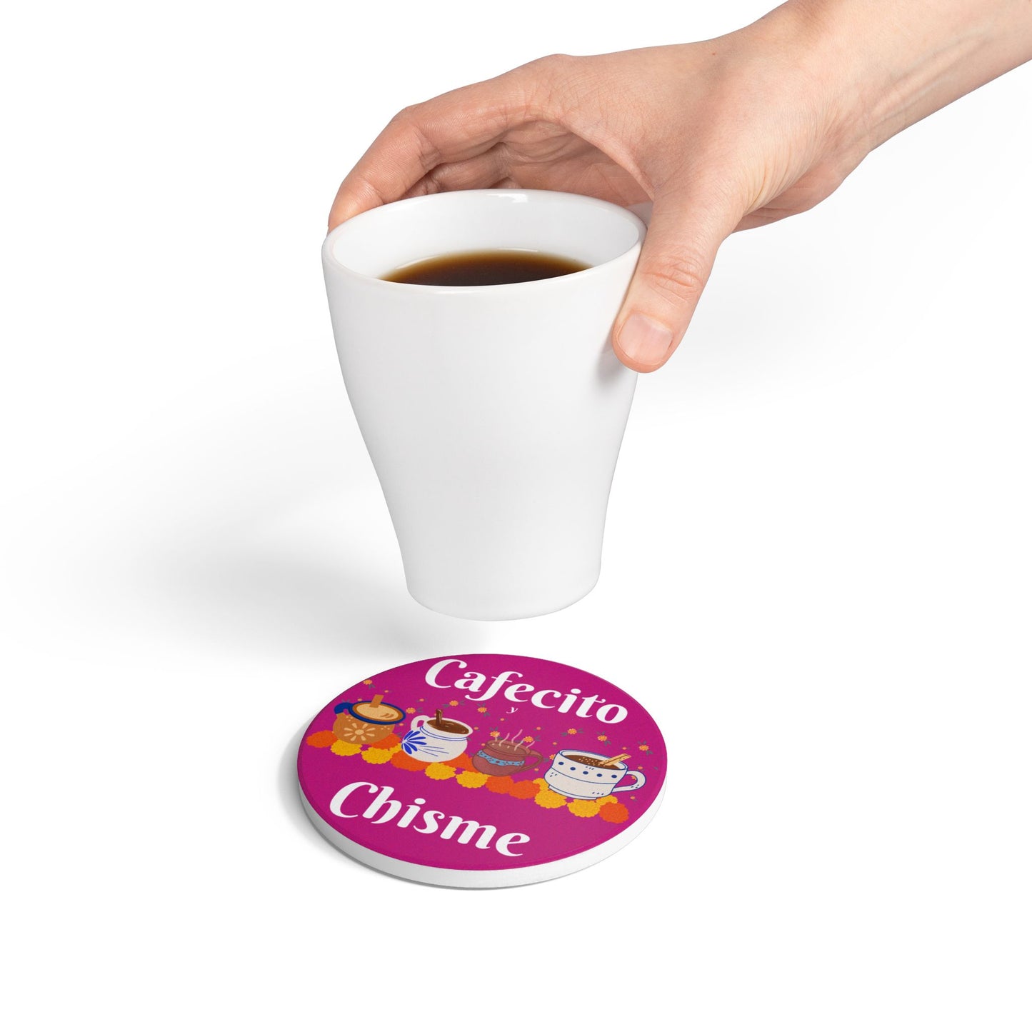 "Cafecito y Chisme" Pink Ceramic Coaster