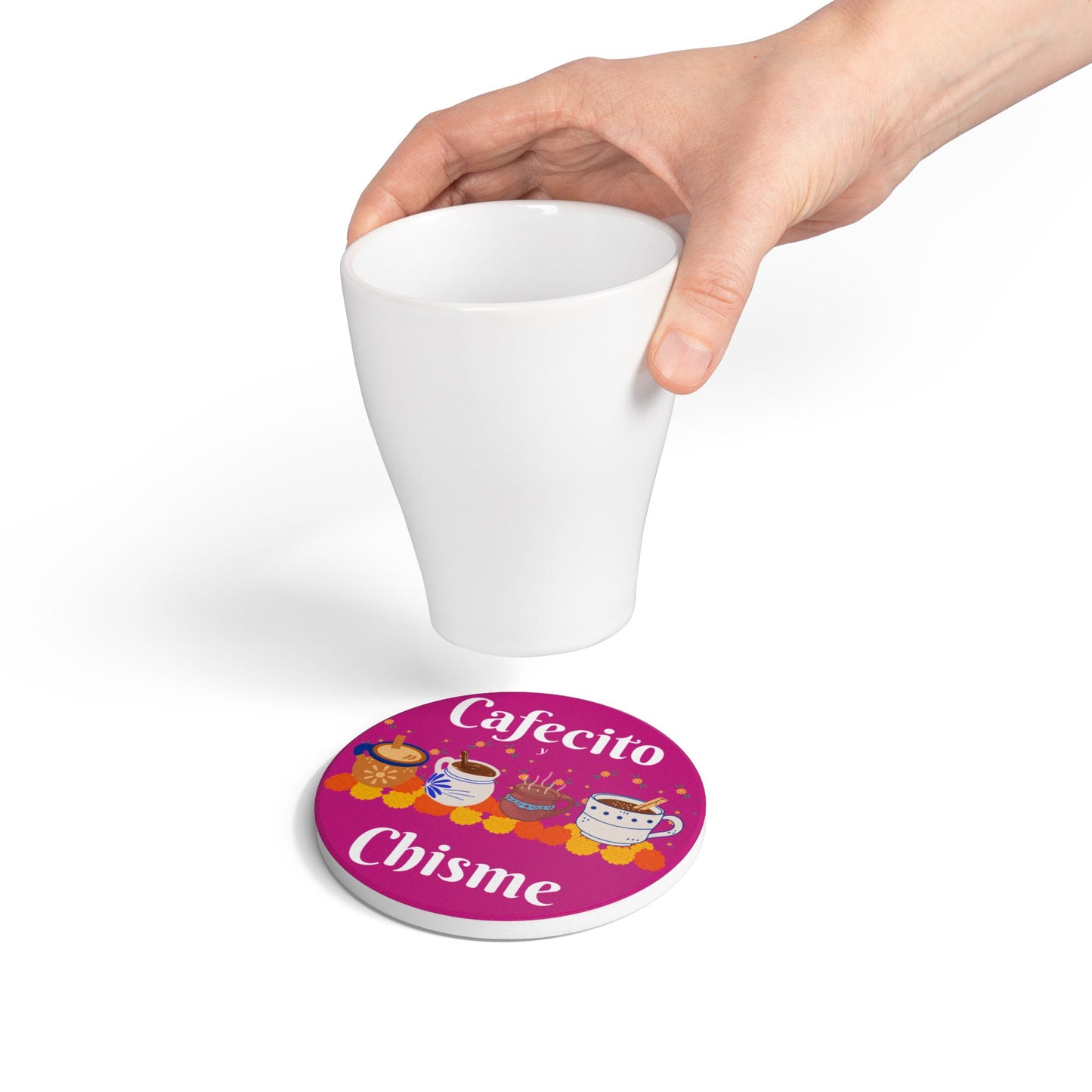 "Cafecito y Chisme" Pink Ceramic Coaster