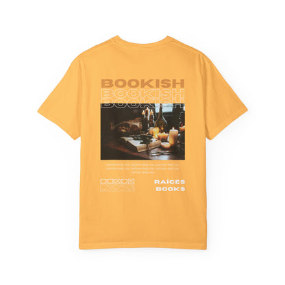 Bookish Latino Garment-Dyed T-shirt with Candles and Books Design