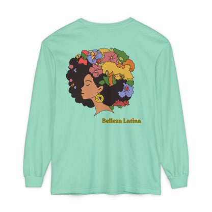 Long Sleeve T-Shirt Afro Latina Belleza Latina Afro with Flowers