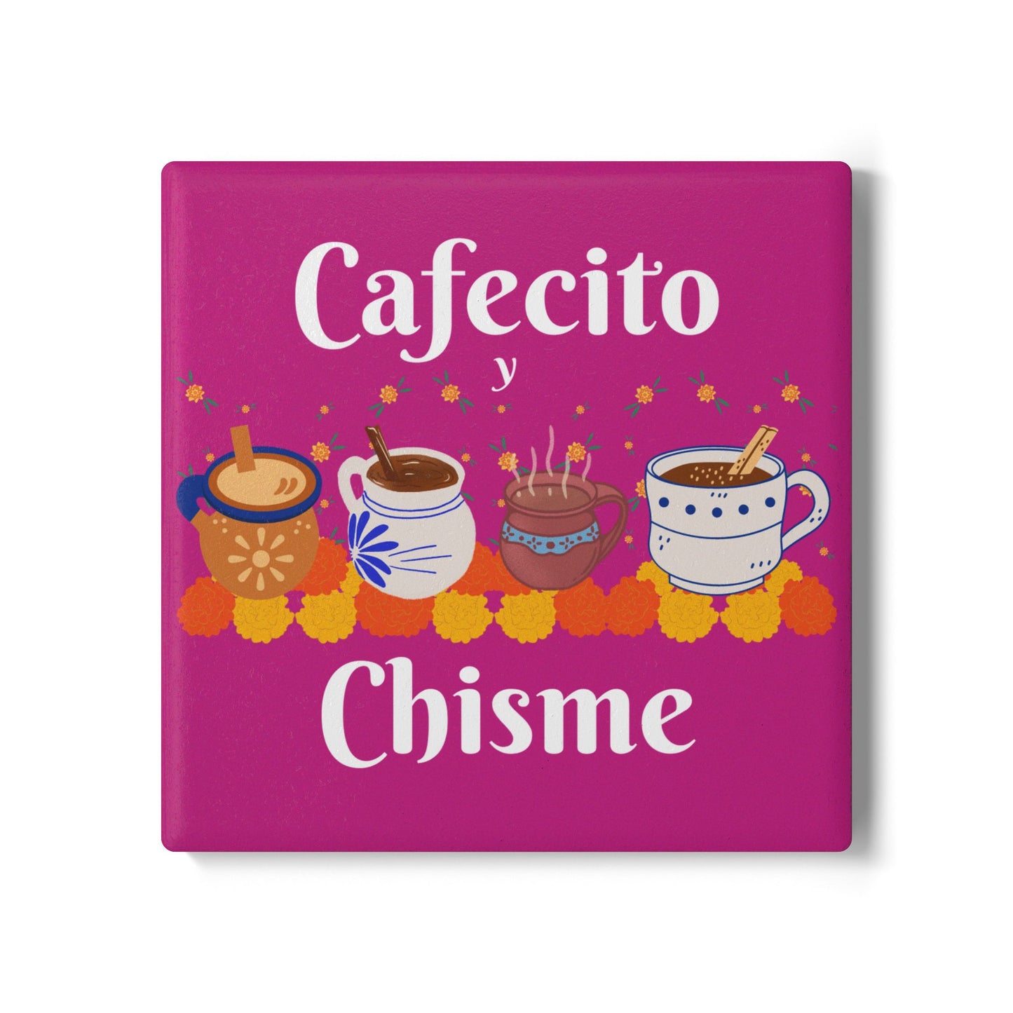 "Cafecito y Chisme" Pink Ceramic Coaster