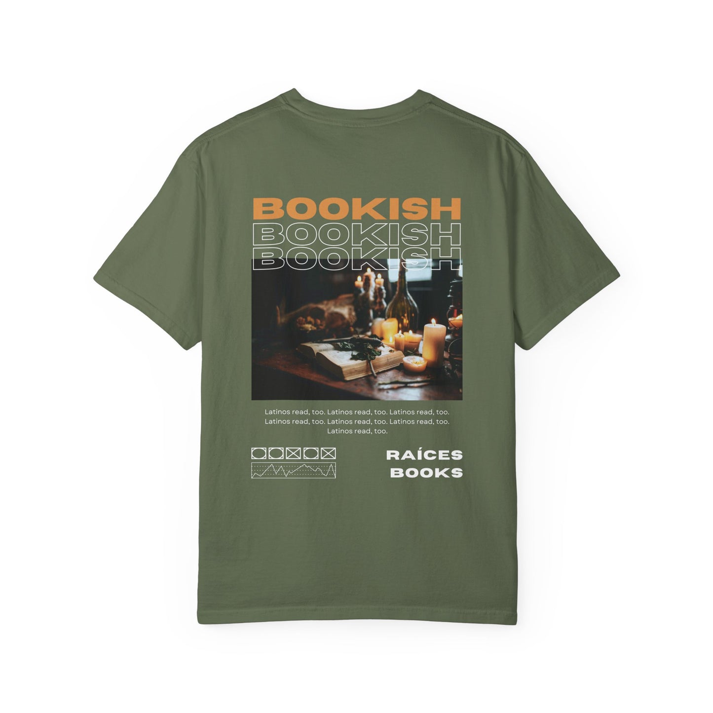 Bookish Latino Garment-Dyed T-shirt with Candles and Books Design