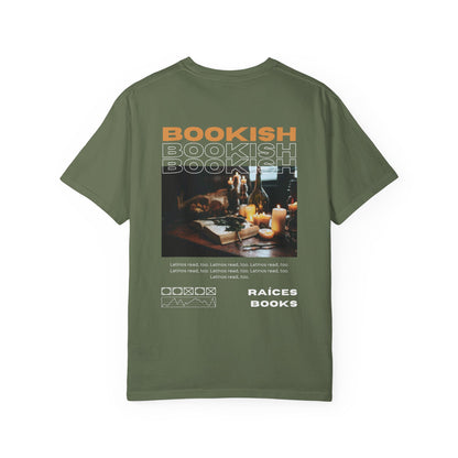 Bookish Latino Garment-Dyed T-shirt with Candles and Books Design