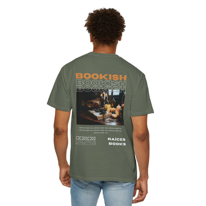 Bookish Latino Garment-Dyed T-shirt with Candles and Books Design