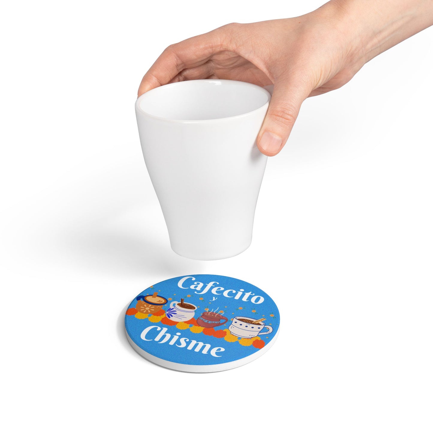 Cafecito y Chisme Light Blue Ceramic Coaster