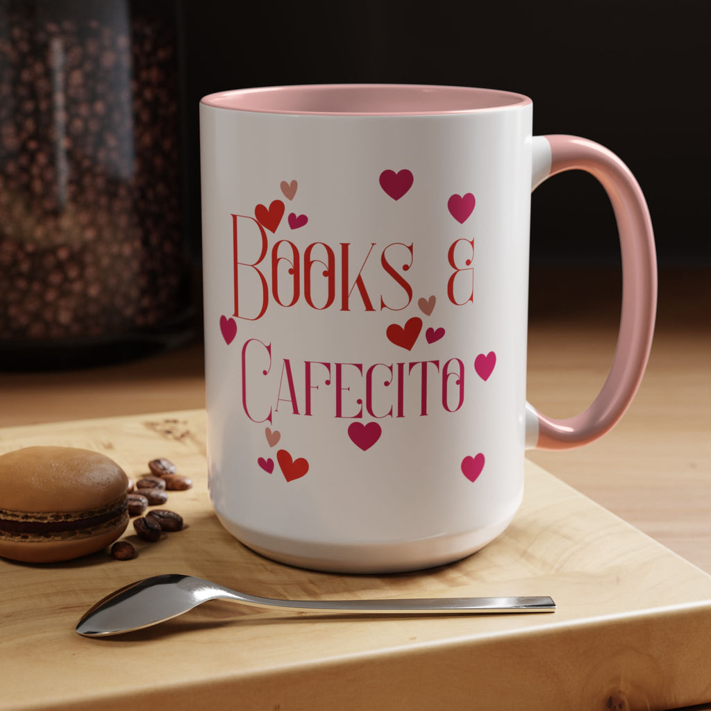 Coffee Mug - Books & Cafecito with Red and Pink Hearts Design