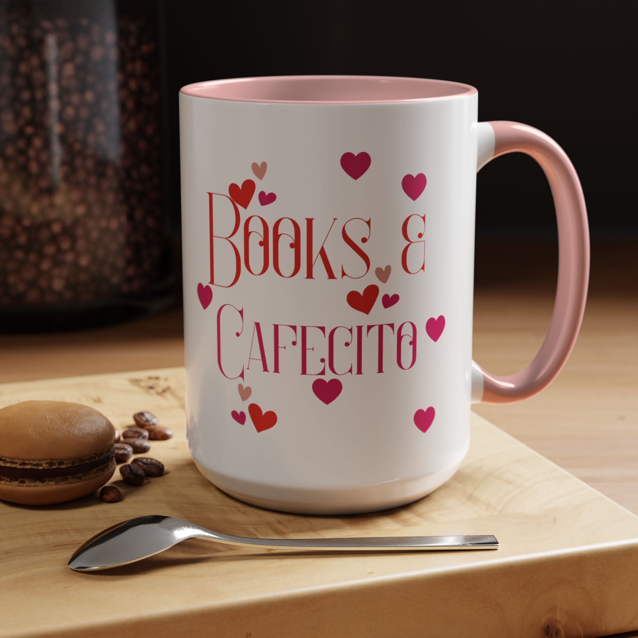 Coffee Mug - Books & Cafecito with Red and Pink Hearts Design