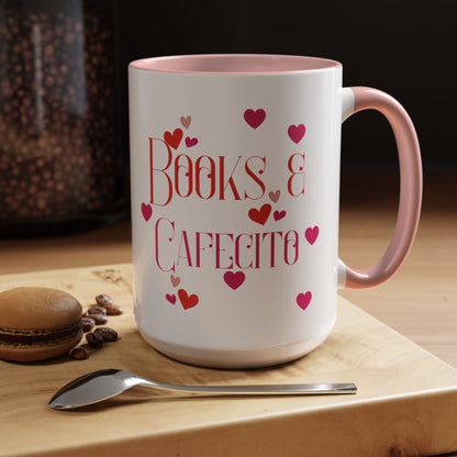 Coffee Mug - Books & Cafecito with Red and Pink Hearts Design