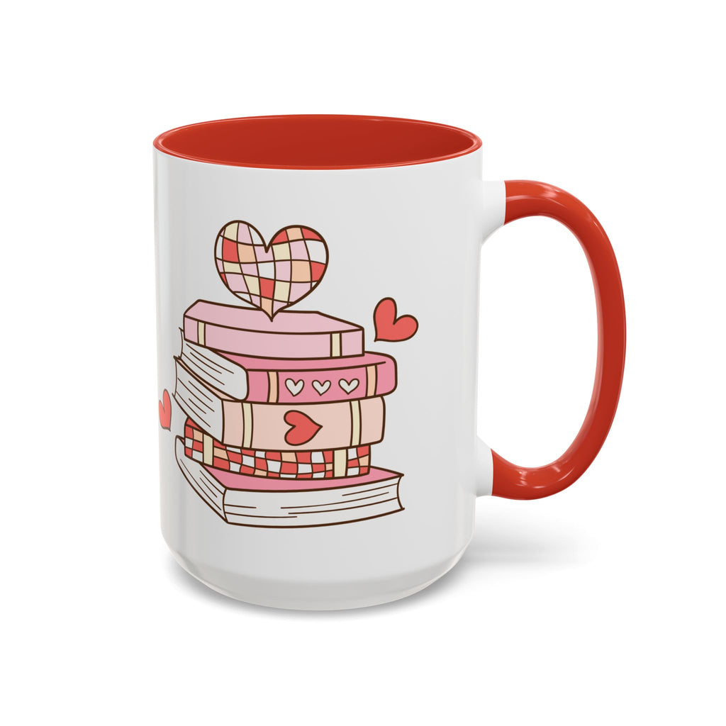 Mug - Pink and Red Stack of Books with Hearts Coffee Mug (11, 15oz)