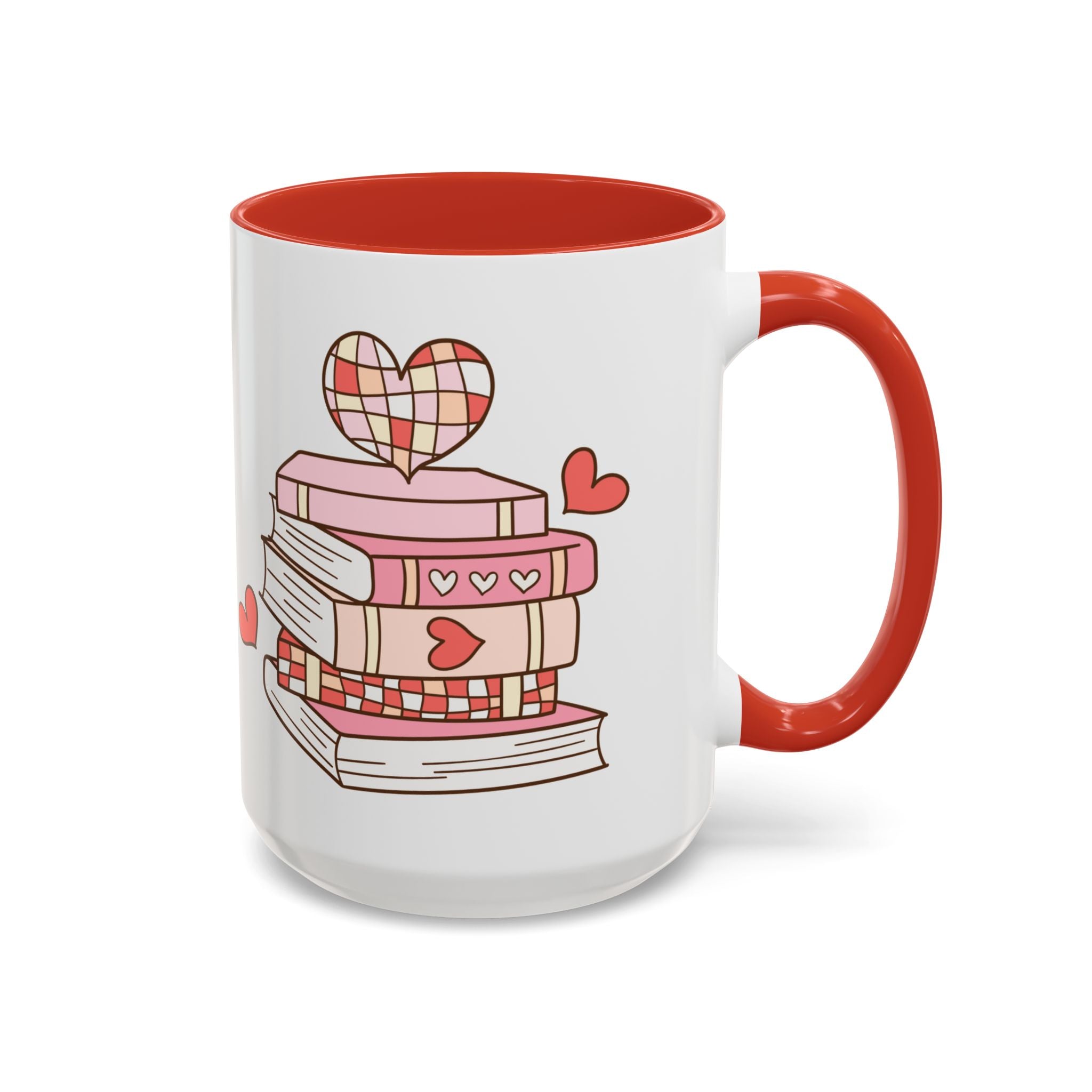 Mug - Pink and Red Stack of Books with Hearts Coffee Mug (11, 15oz)
