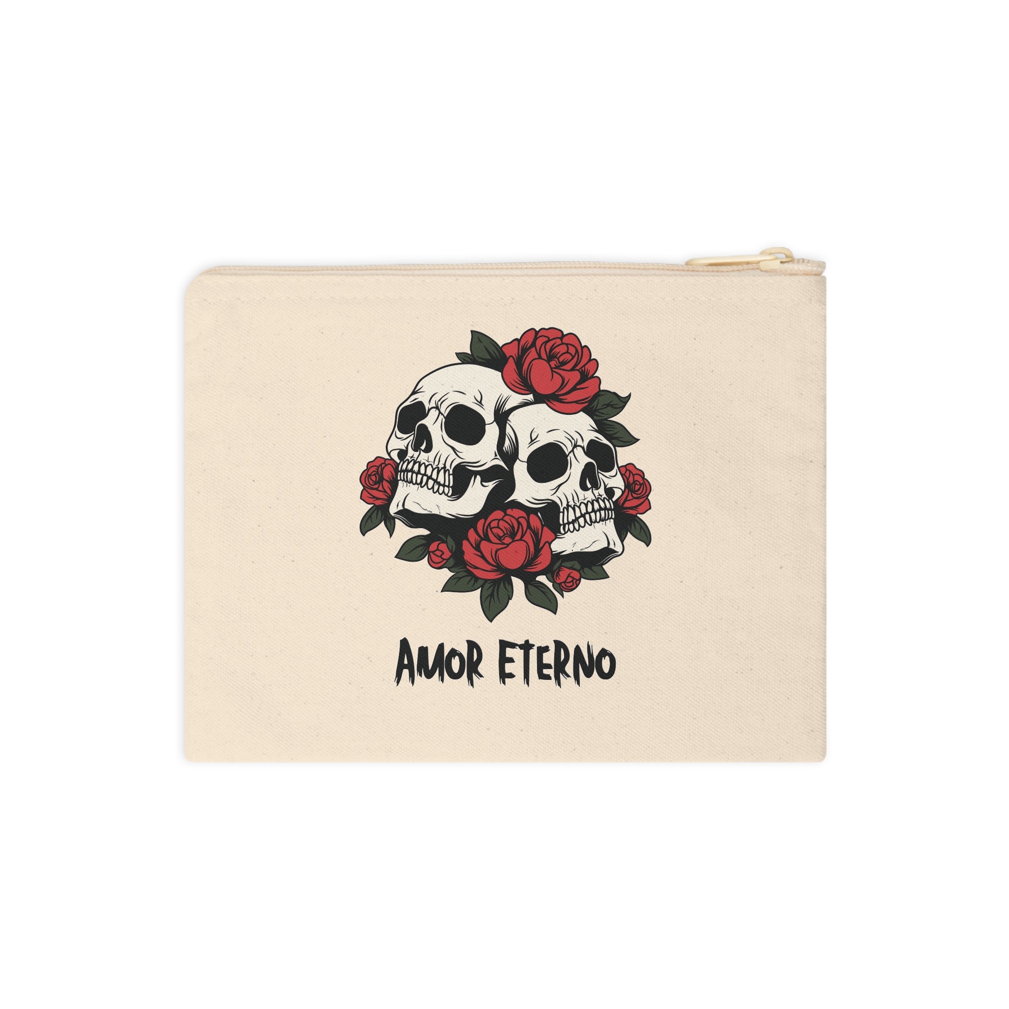 Zipper Pouch - Amor Eterno Skulls and Red Roses Design