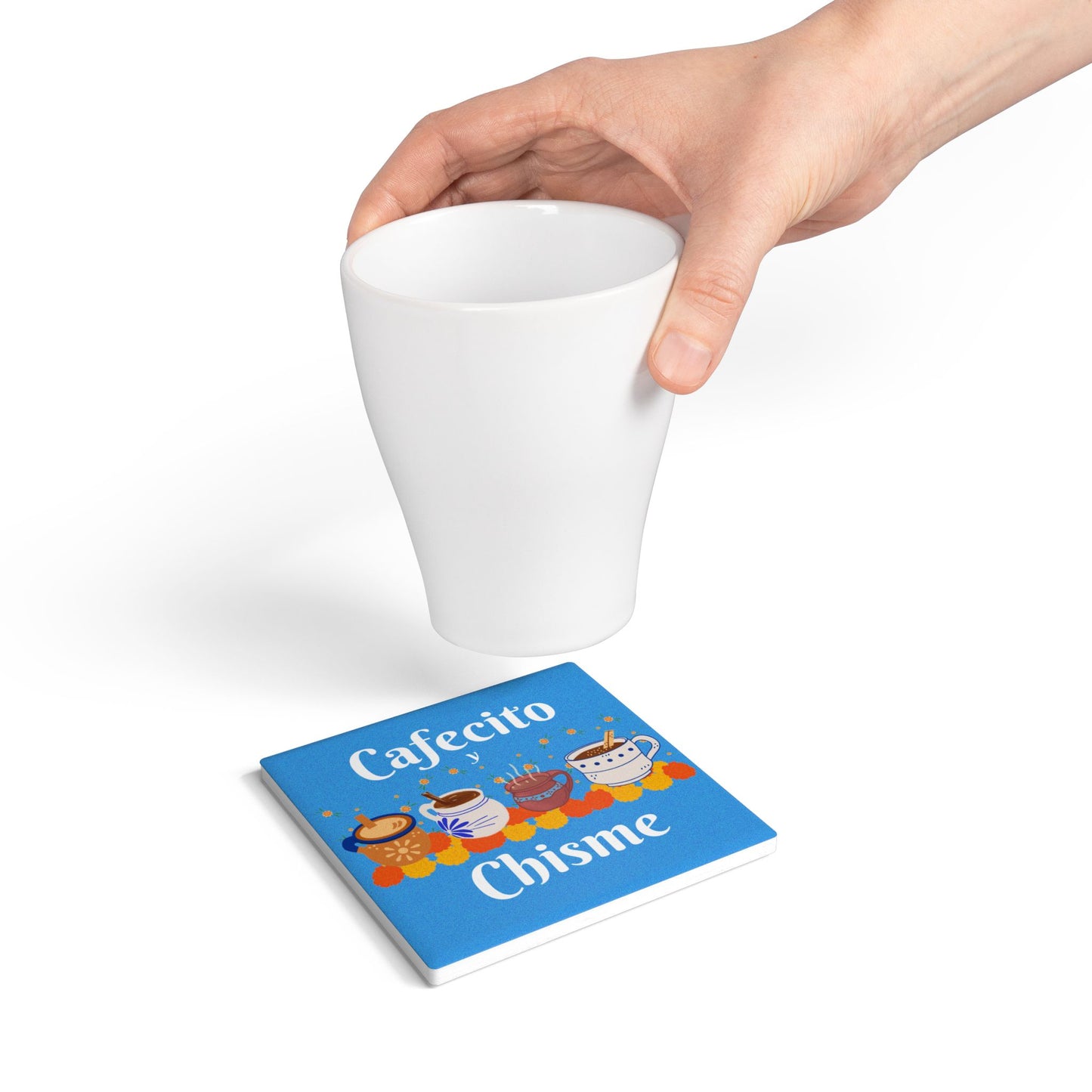 Cafecito y Chisme Light Blue Ceramic Coaster